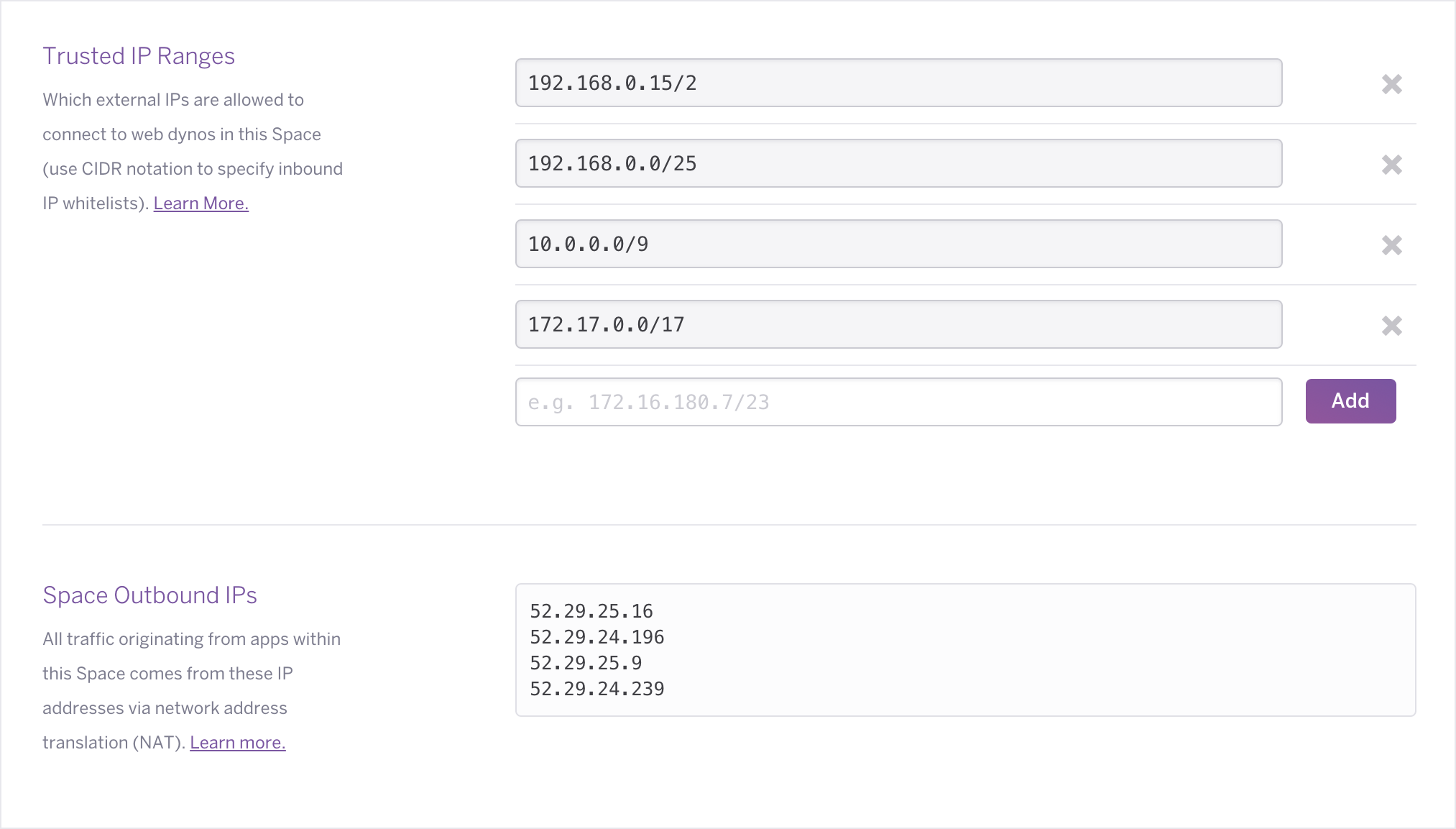 Private Spaces settings