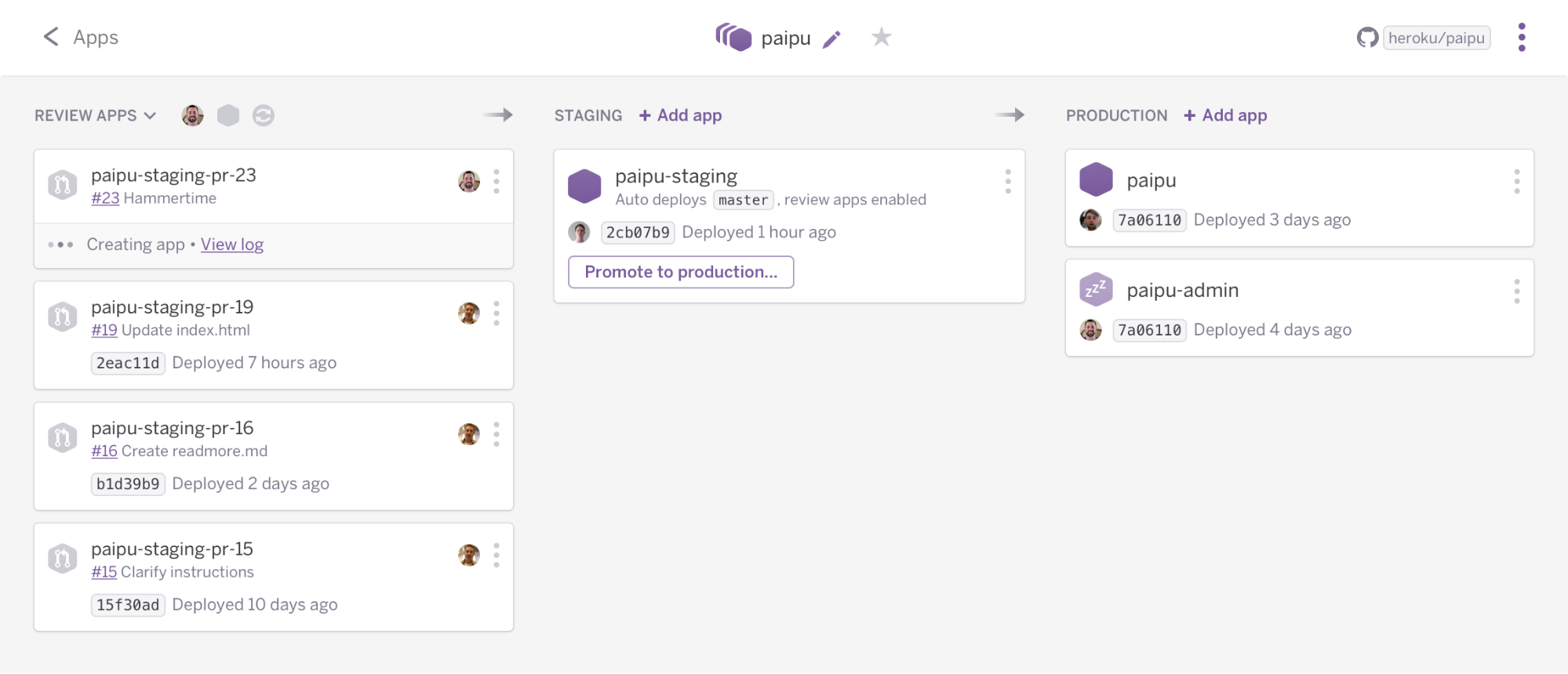 Review apps, used to test pull requests, in a Heroku Pipeline.
