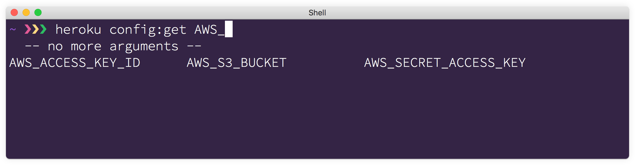 An example of config var completion in a terminal window