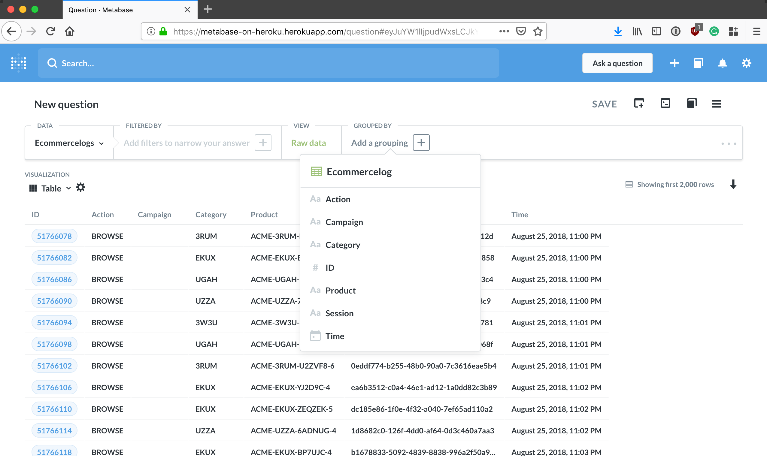 Screenshot of a data table in Metabse