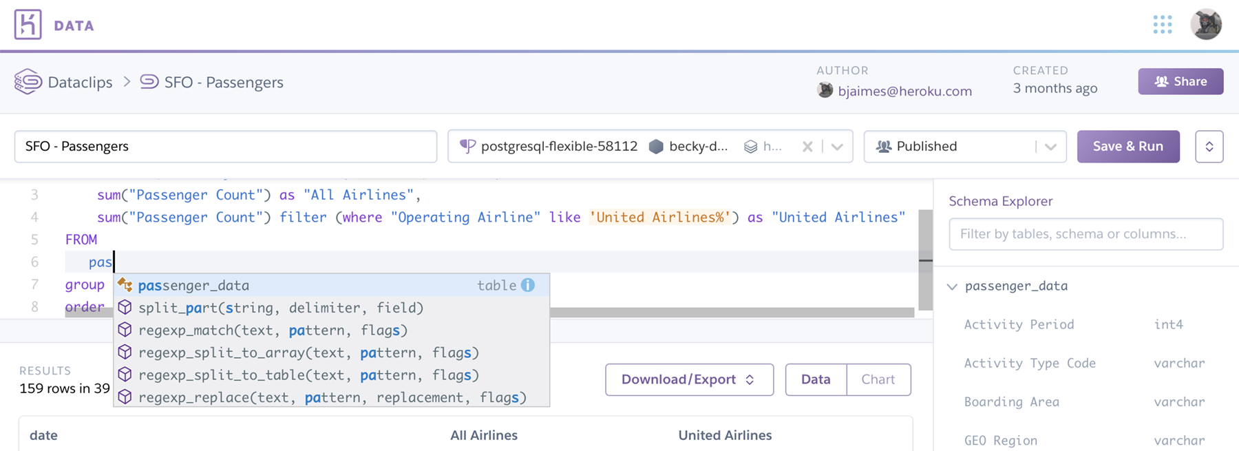 A screenshot of the dataclips interface showing autocomplete