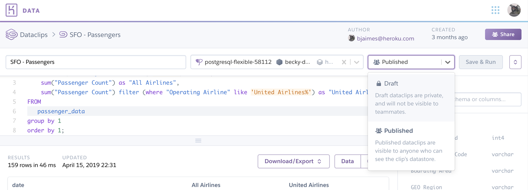 A screenshot of the dataclips interface showing the ability to set the status as published or draft