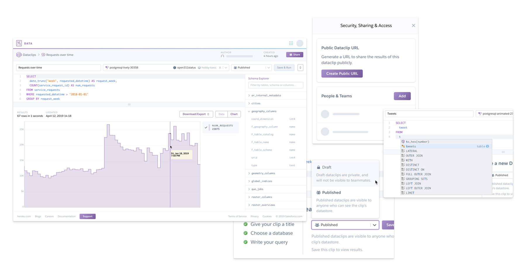 An image showing different views of the Heroku Dataclips GUI