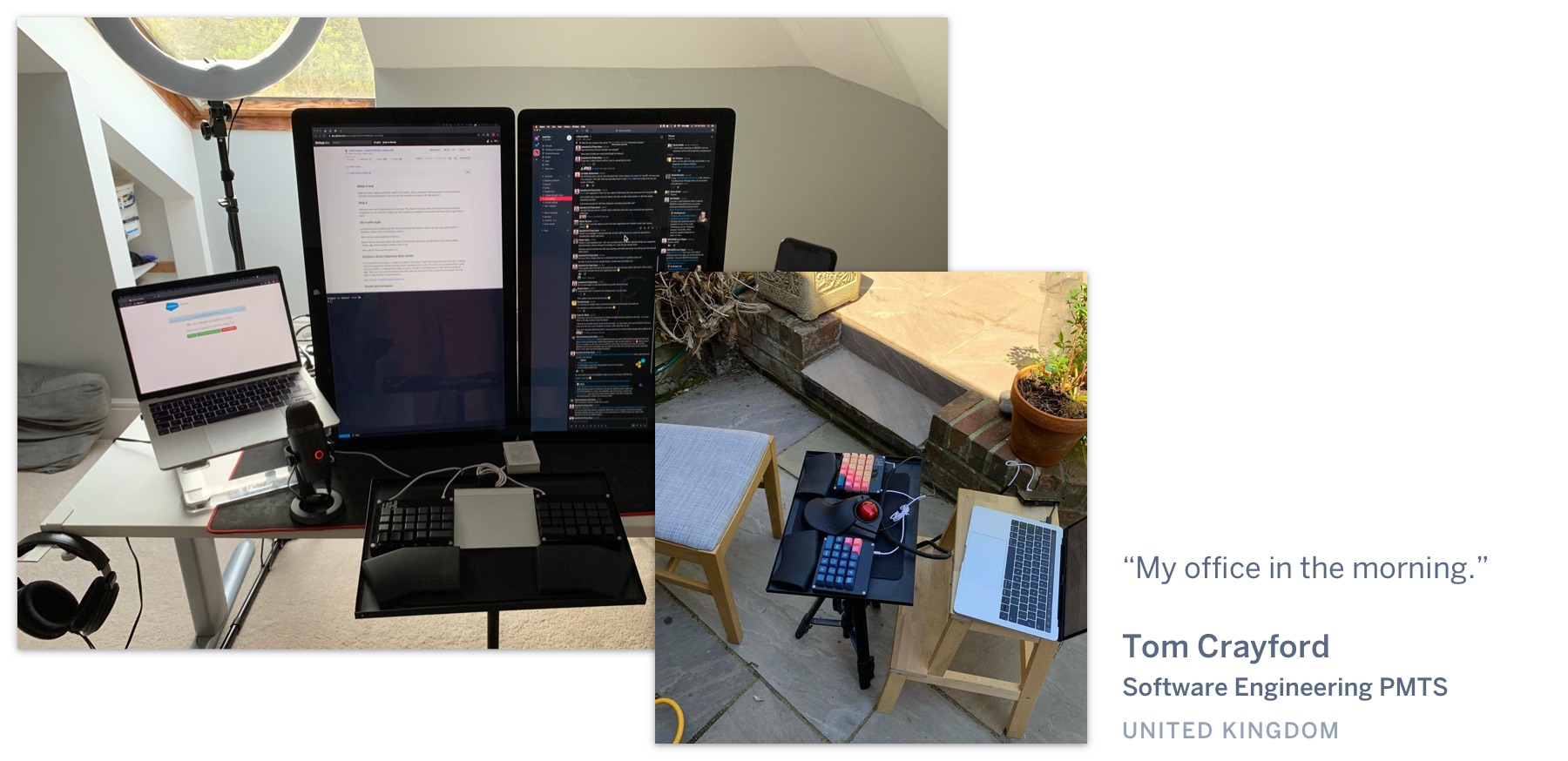 A laptop, multiple monitors, and other tech gadgets in the loft of a house, and a laptop outside in the garden. "My office in the morning." Tom Crayford, Software Engineering PMTS, United Kingdom.