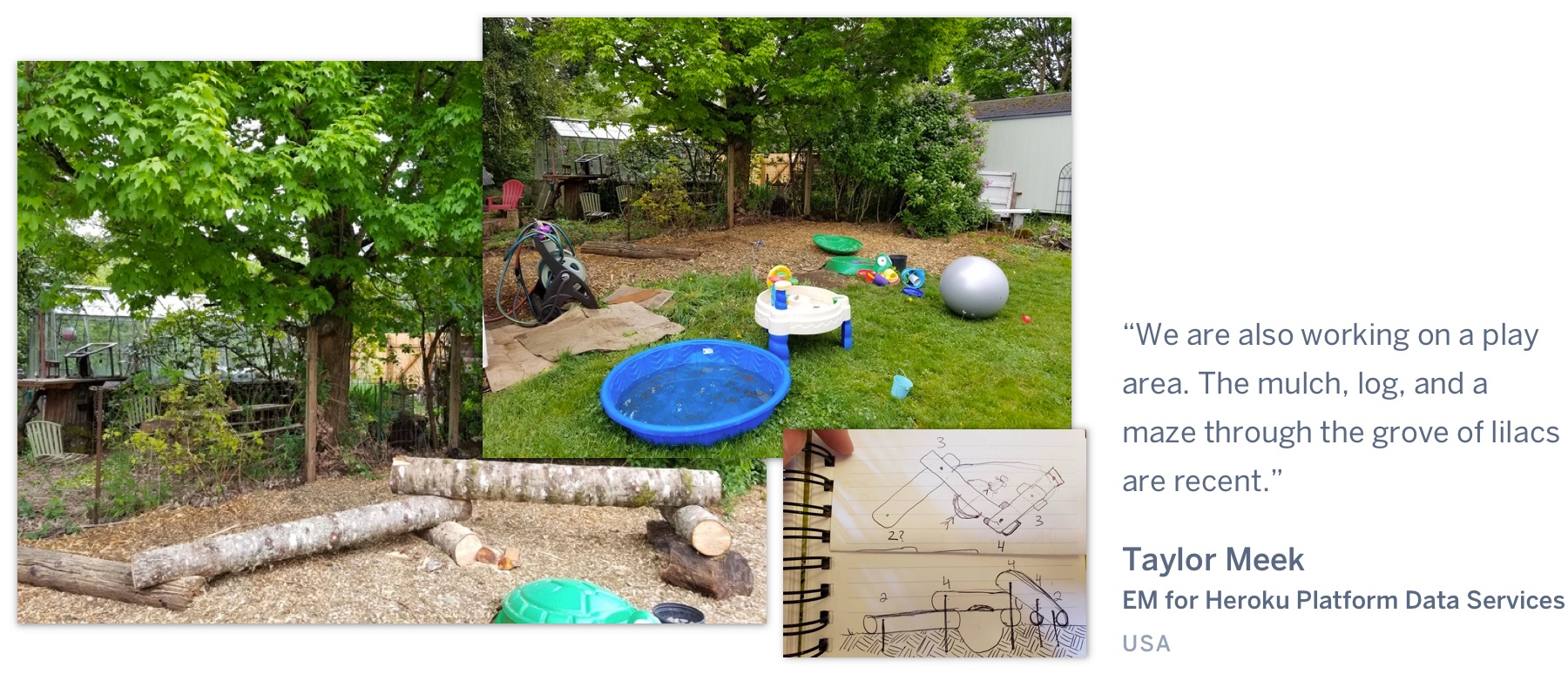 Another backyard with a play area, with the quote “We are also working on a play area. The mulch, log, and a maze through the grove of lilacs are recent.” Taylor Meek, EM for Heroku Platform Data Services, USA.