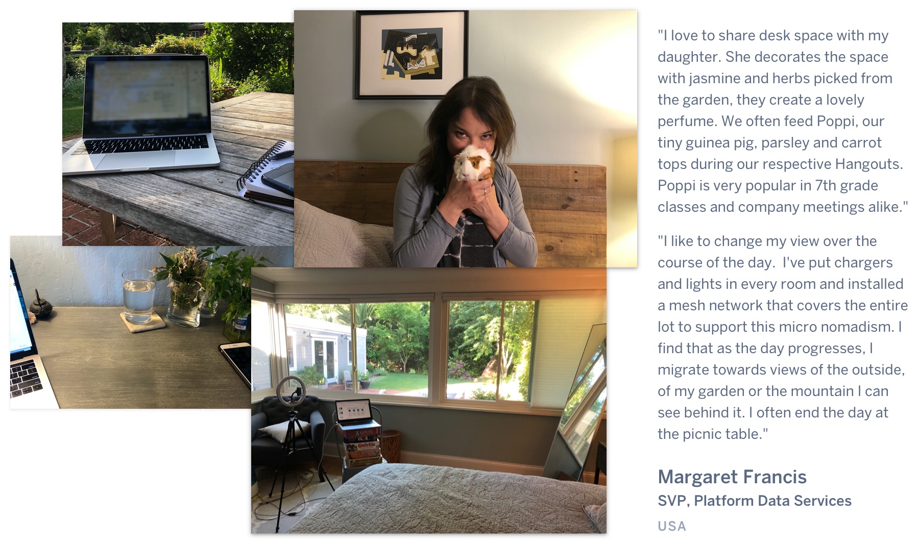 A woman holding a guinea pig, and a laptop on a picnic table, on a desk, and on top of a stack of board games. "I love to share desk space with my daughter. She decorates the space with jasmine and herbs picked from the garden, they create a lovely perfume. We often feed Poppi, our tiny guinea pig, parsley and carrot tops during our respective Hangouts.  Poppi is very popular in 7th grade classes and company meetings alike. I like to change my view over the course of the day.  I've put chargers and lights in every room and installed a mesh network that covers the entire lot to support this micro nomadism. I find that as the day progresses, I migrate towards views of the outside, of my garden or the mountain I can see behind it. I often end the day at the picnic table." Margaret Francis, SVP, Platform Data Services, USA.