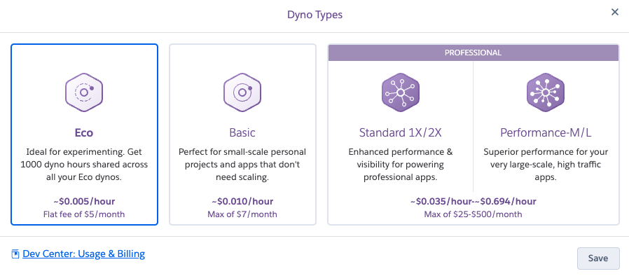 Example of the new Heroku Dyno pricing format