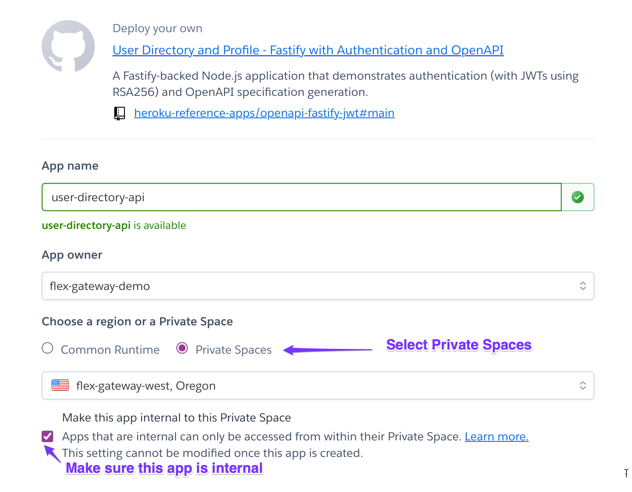 Deploying an internal application to a Private Space using the UI