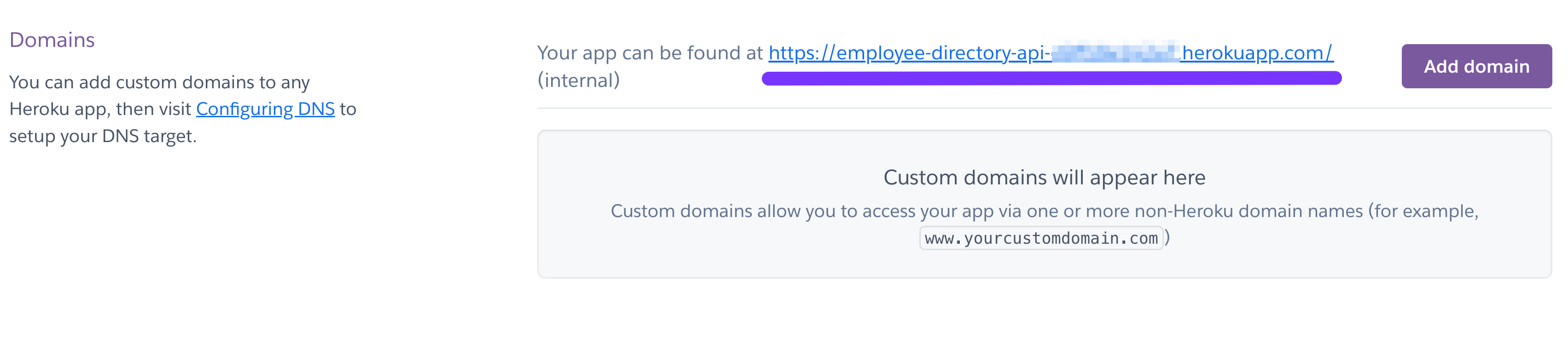 Internal application URL from Heroku Dashboard