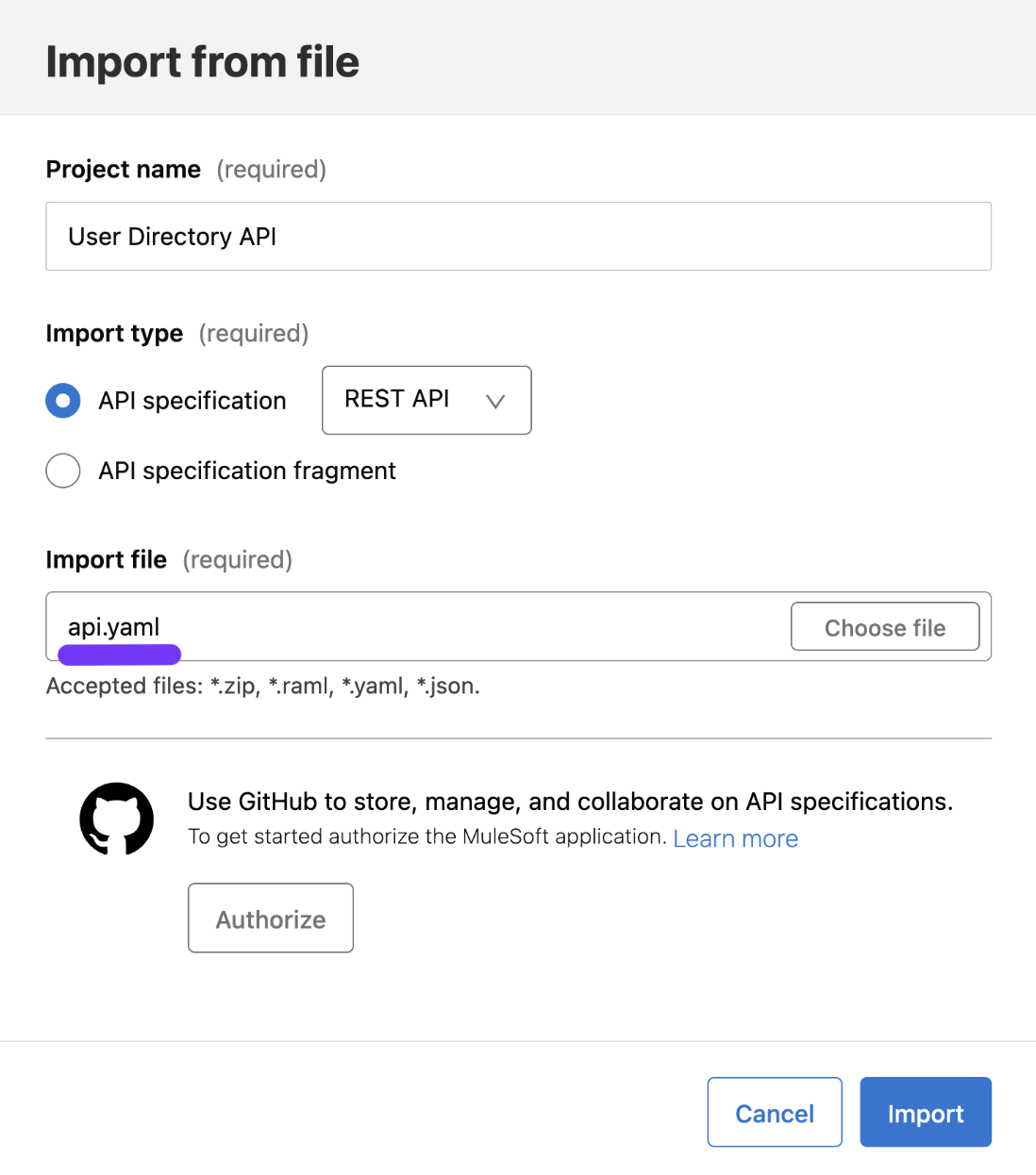 Import API specification from file