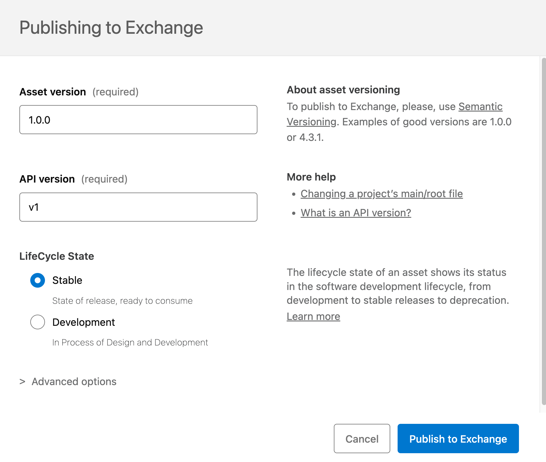 Publishing to Exchange confirmation window