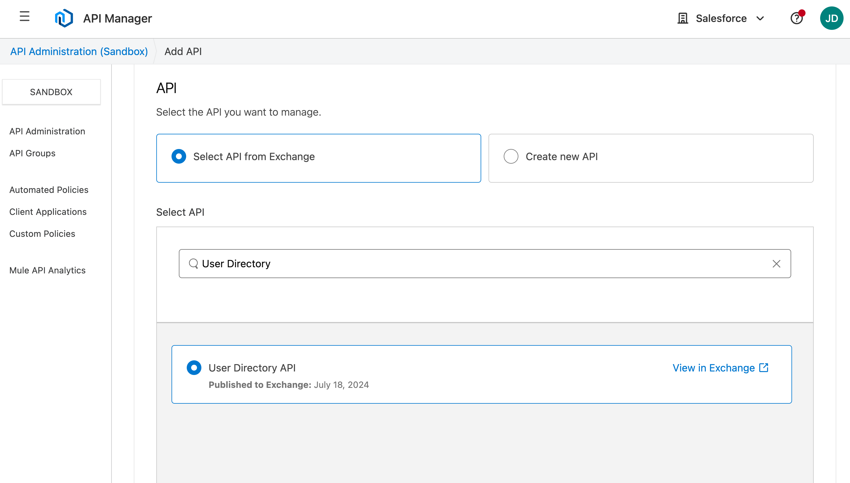 Select API from Exchange