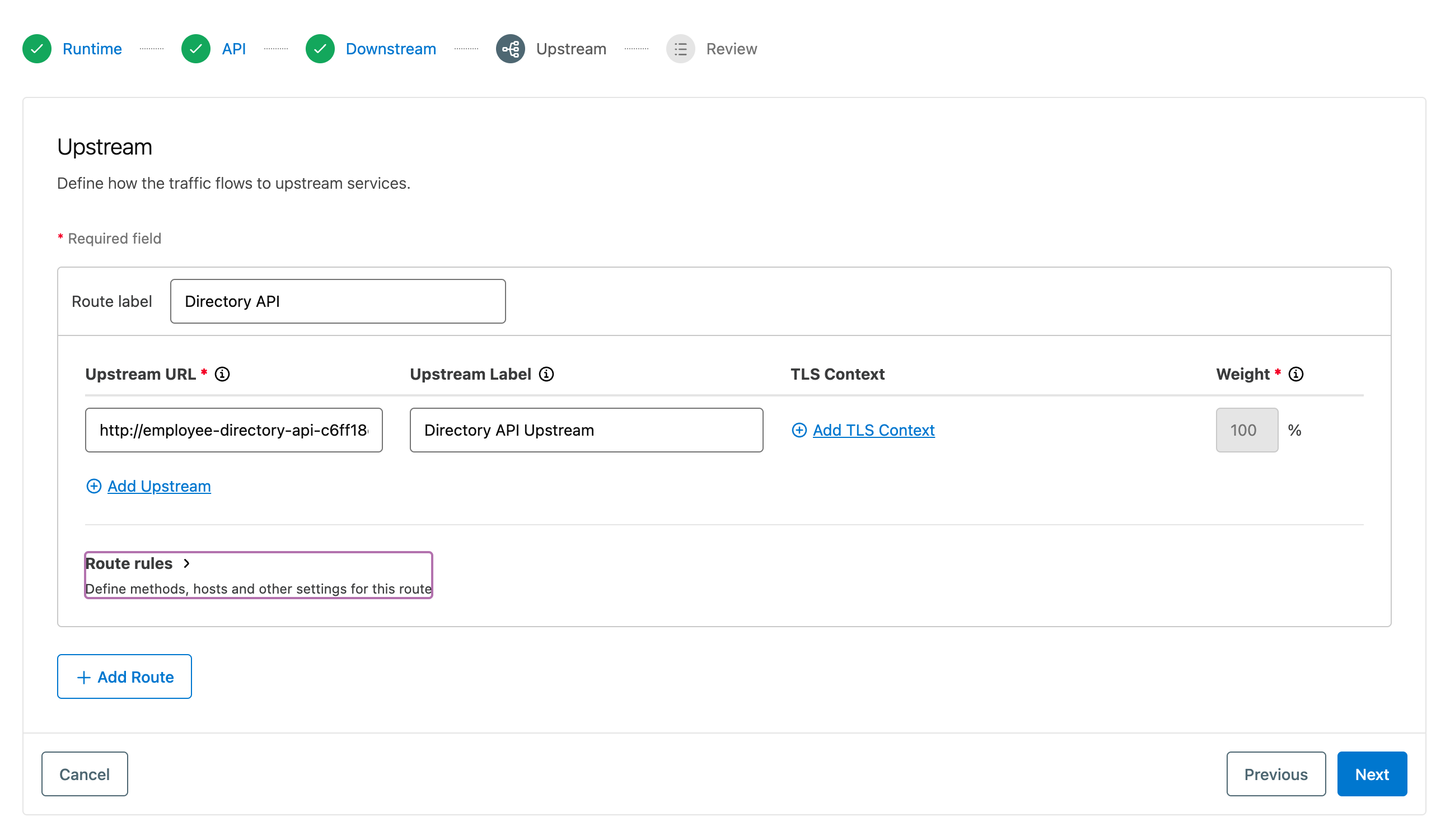 API Upstream configuration