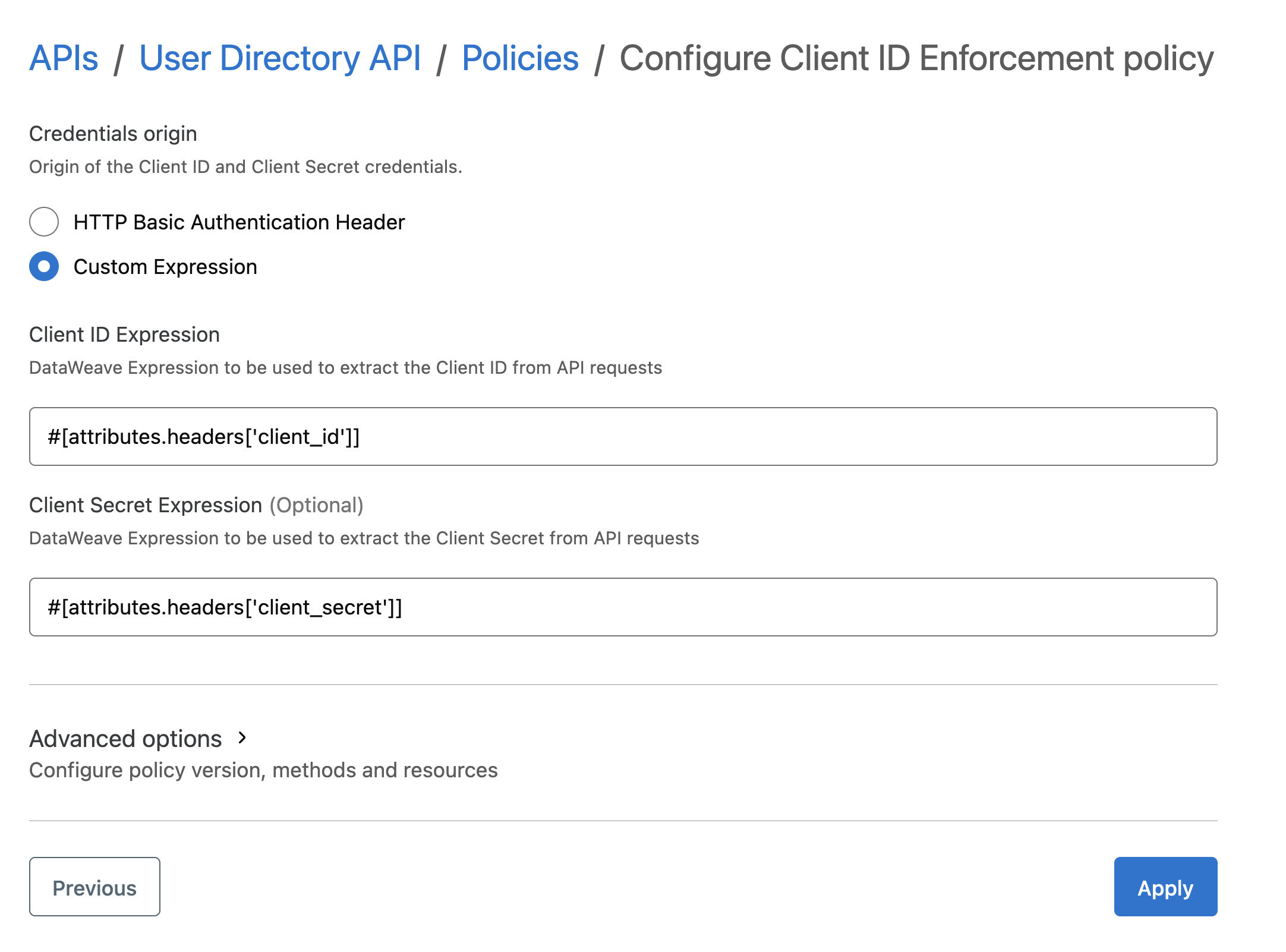 Client ID Enforcement policy configuration